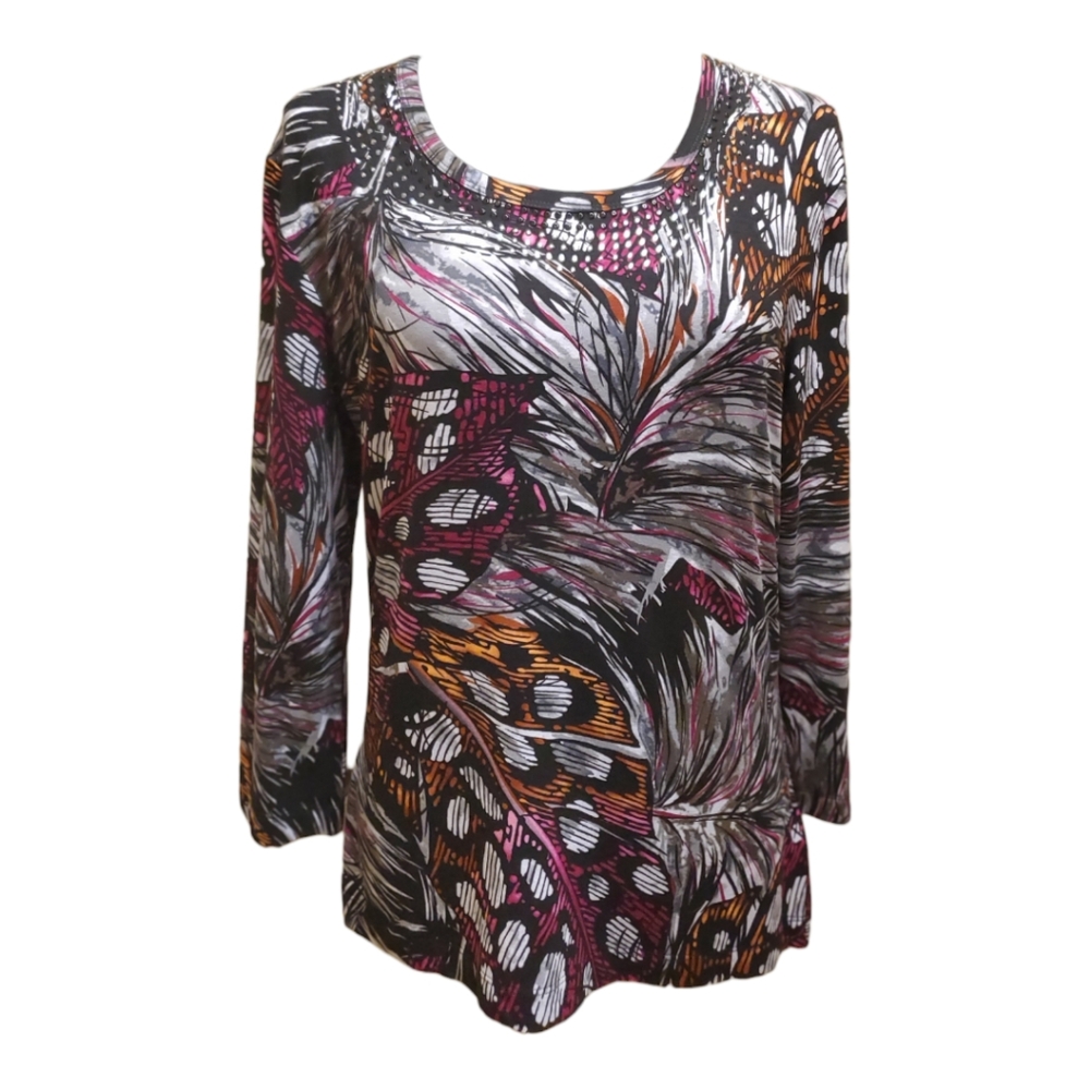 St John New With Tags Shirt, Magenta Orange Black, Silver Jewels, Size Large